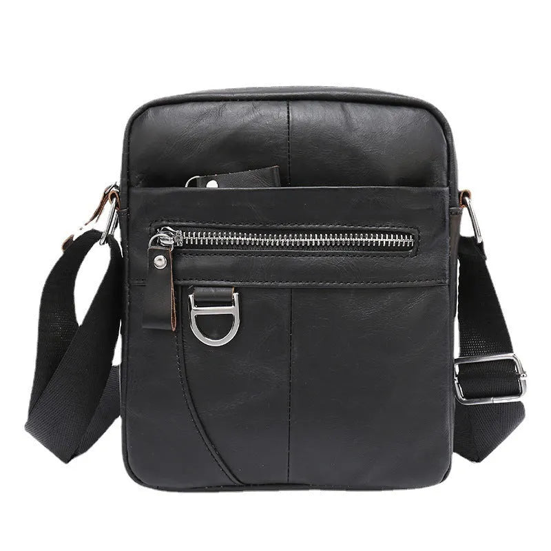 Black leather messenger bag with crossbody strap and visible sewing lines
