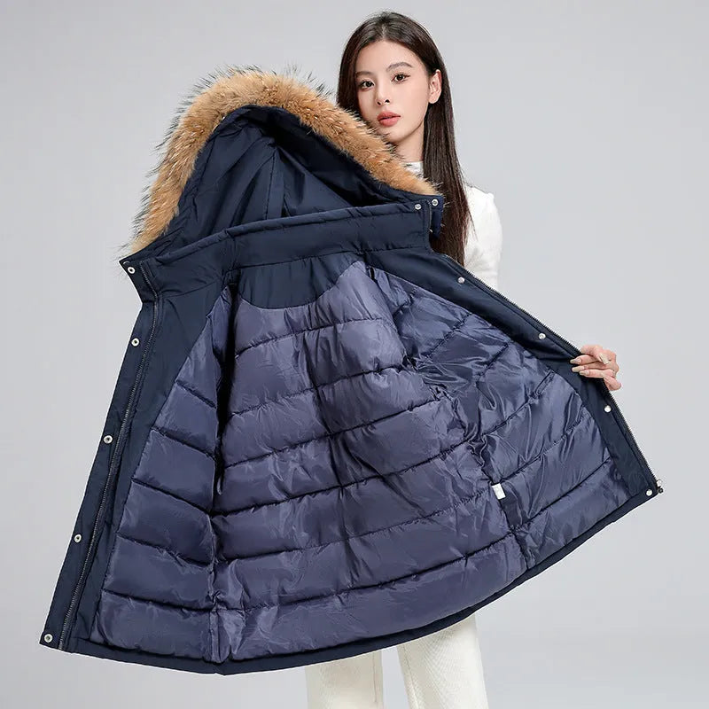 Mid-length hooded loose thickened cotton-padded coat with fur collar in black for women