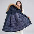 Mid-length hooded loose thickened cotton-padded coat with fur collar in black for women
