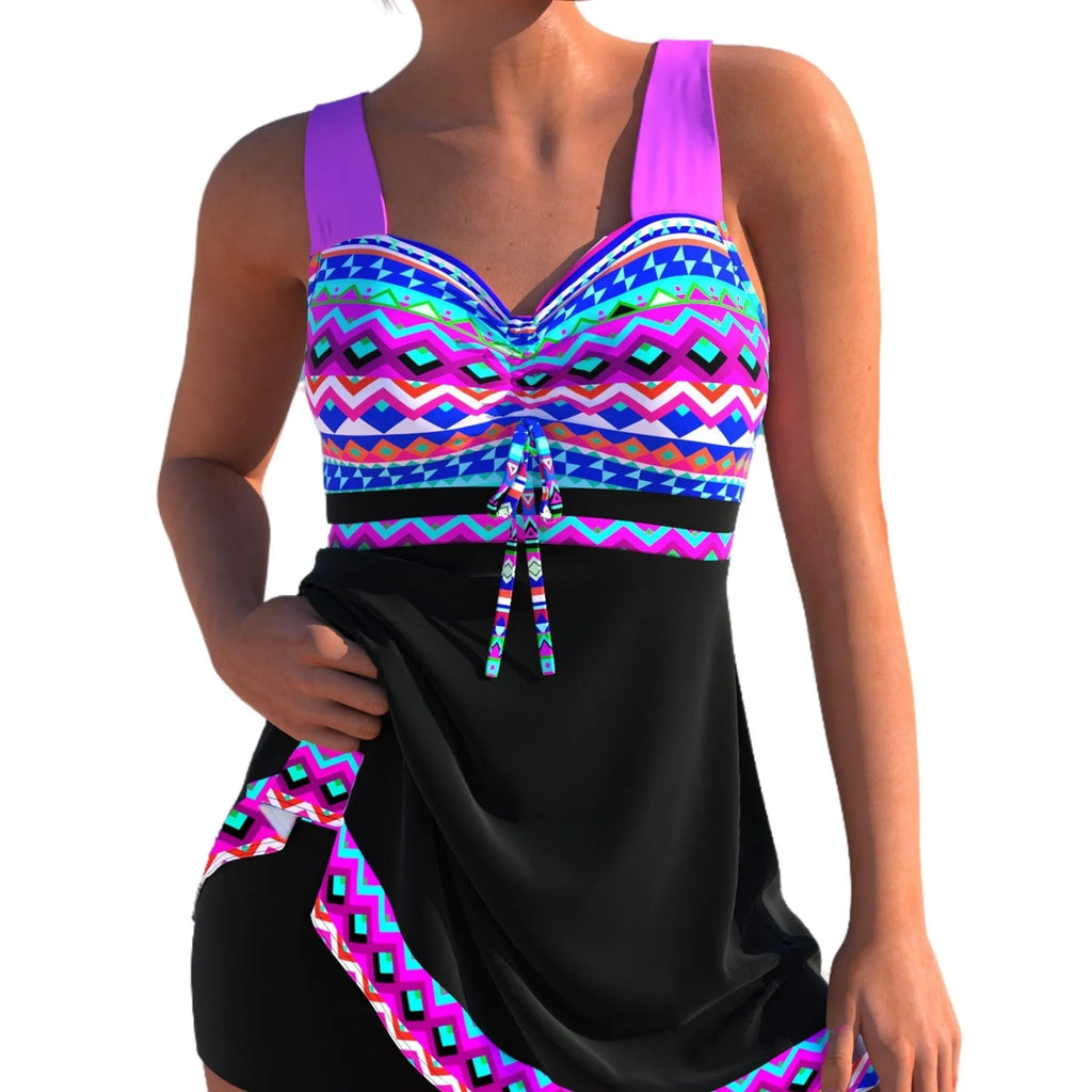 Plus size women's quick-drying split skirt bikini swimsuit in polyester fabric showing backless design