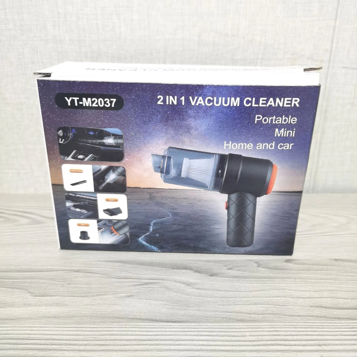 AS-228 Black handheld car cleaner with transparent dust cover and USB charging cable