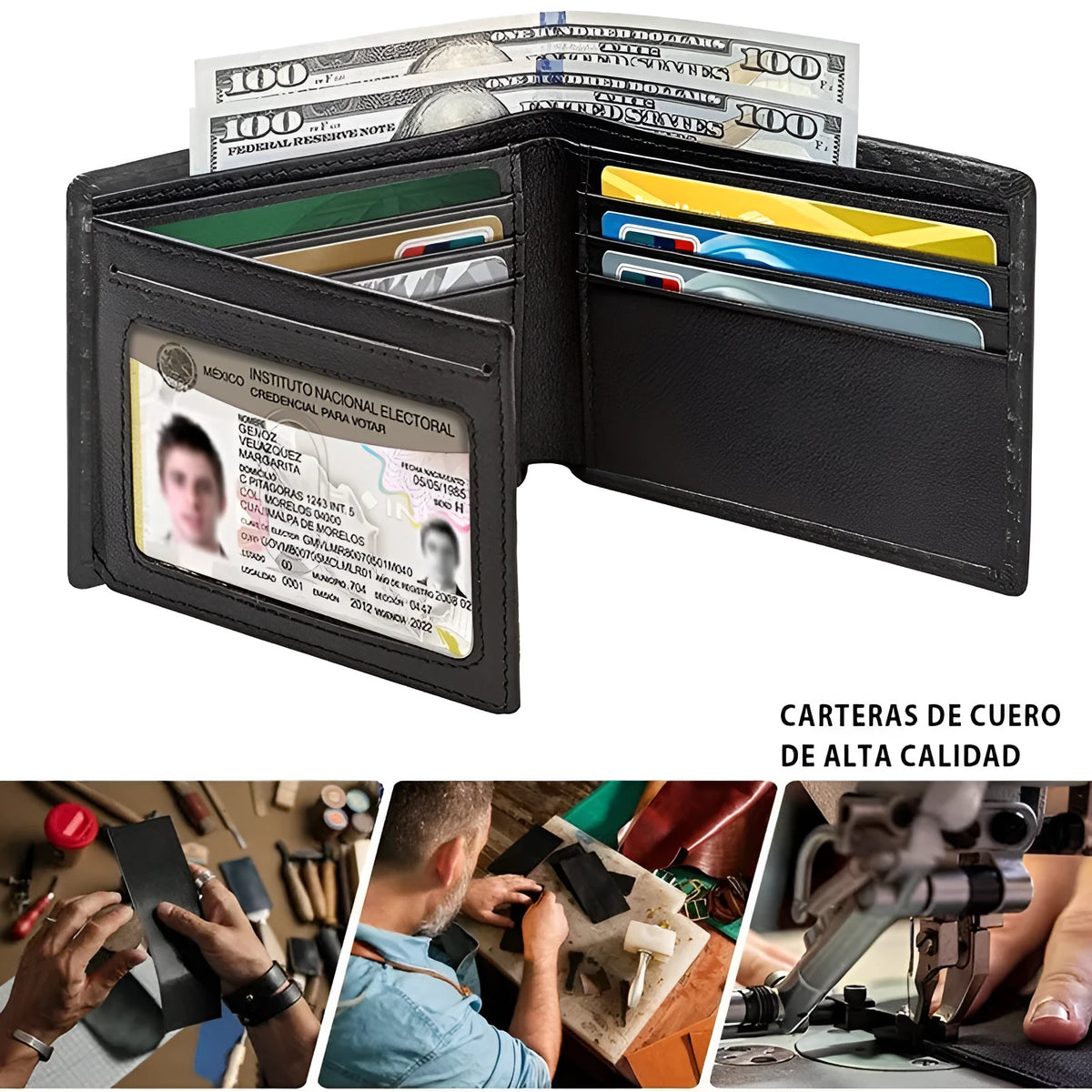 Men's black anti-magnetic wallet with PU leather exterior, microfiber lining, and sewing line detailing