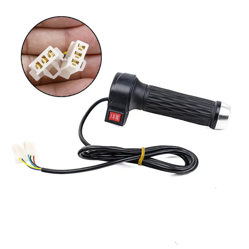 Three-speed rotating plastic handle for three-wheel electric vehicle acceleration control, with 3-wire plug connector.