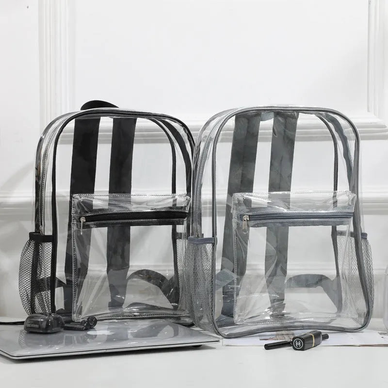 Transparent PVC large capacity travel backpack in multiple colour options including blue and red.