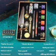 Gray mechanical feather fountain pen set with metal nib and plastic body for calligraphy