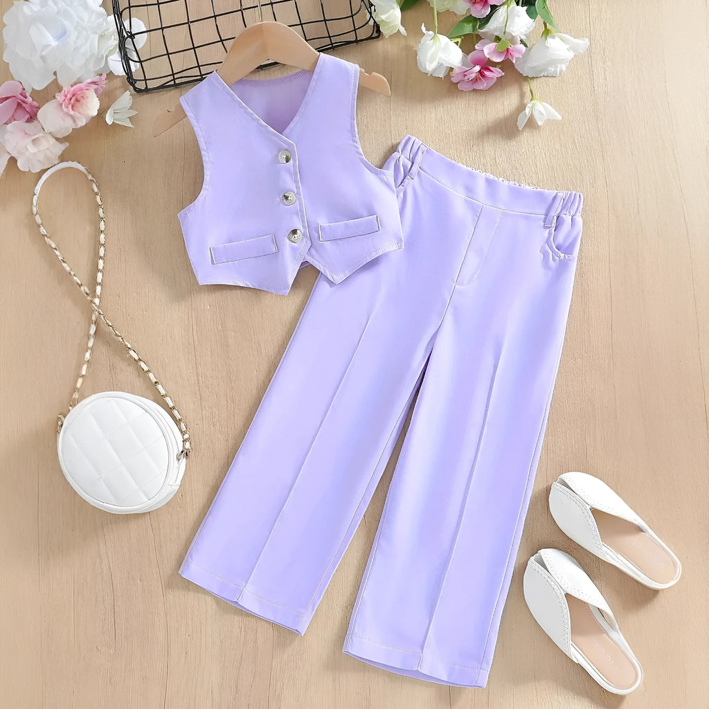 Girls' summer vest and trouser set in solid colour, polyester two-piece outfit