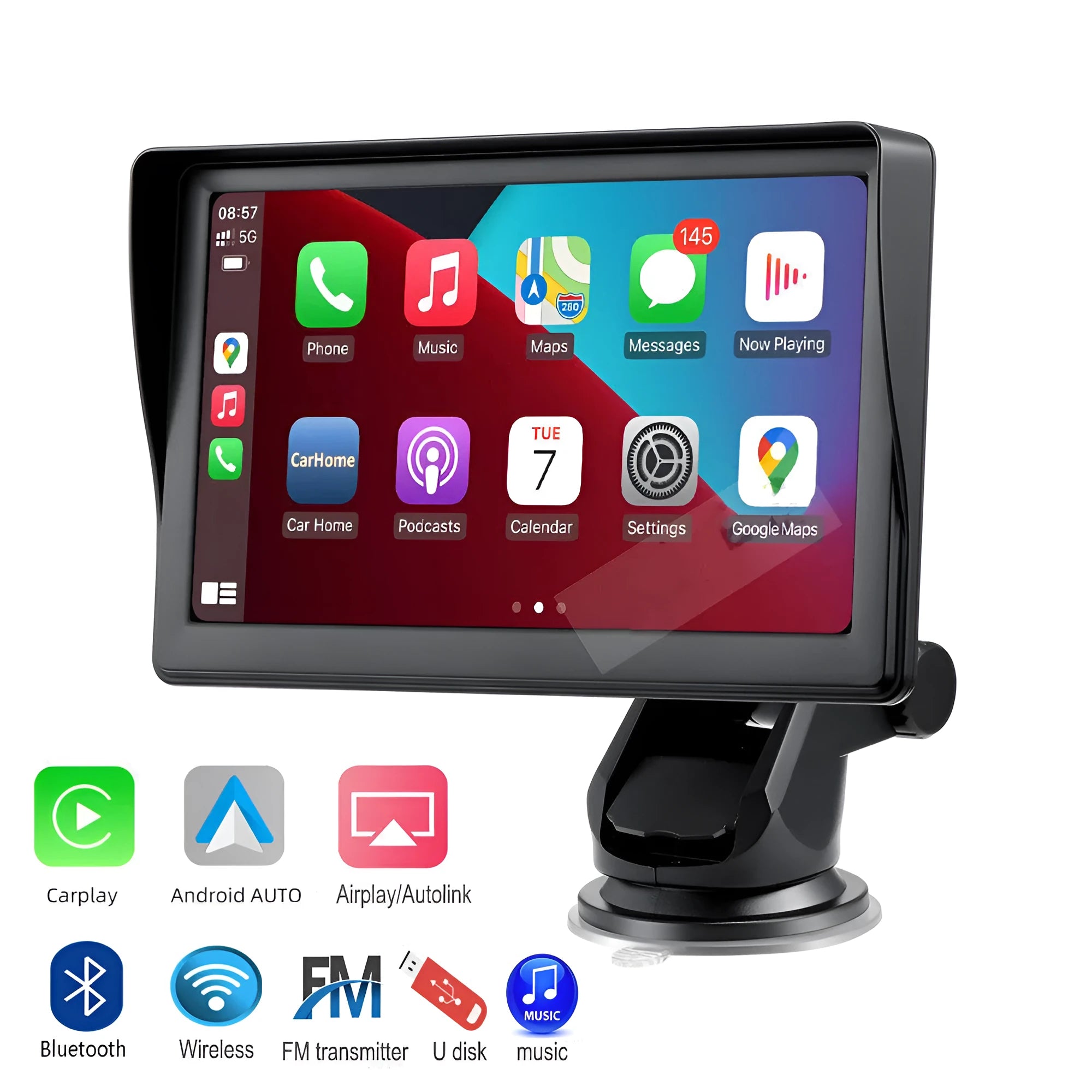 7-inch portable car smart display with wireless CarPlay and Android Auto on retractable mounting bracket