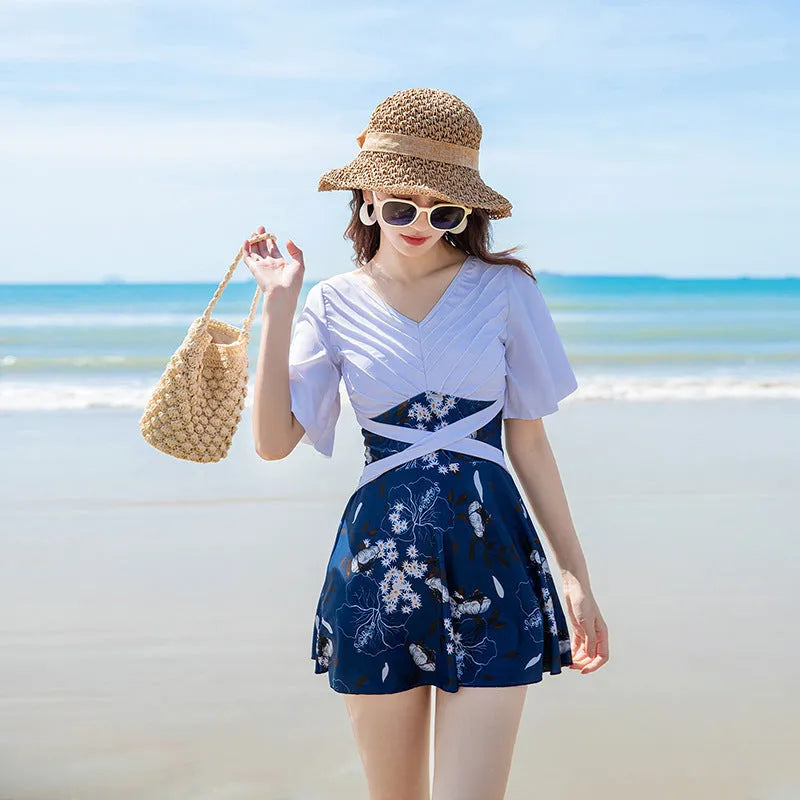 Women's blue and green printed one-piece swimsuit in chemical fibre fabric