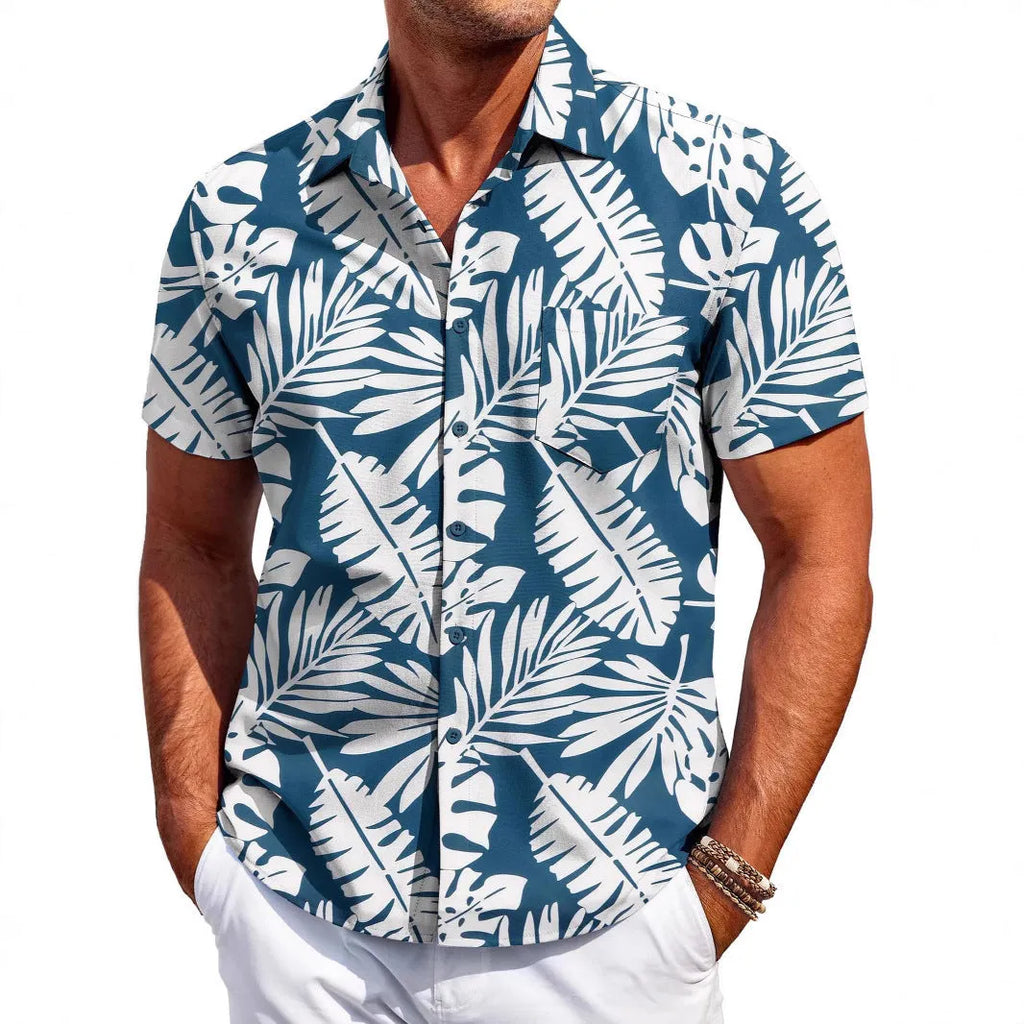 Man wearing a slim fit Hawaiian print short sleeve shirt in four-sided elastic polyester.