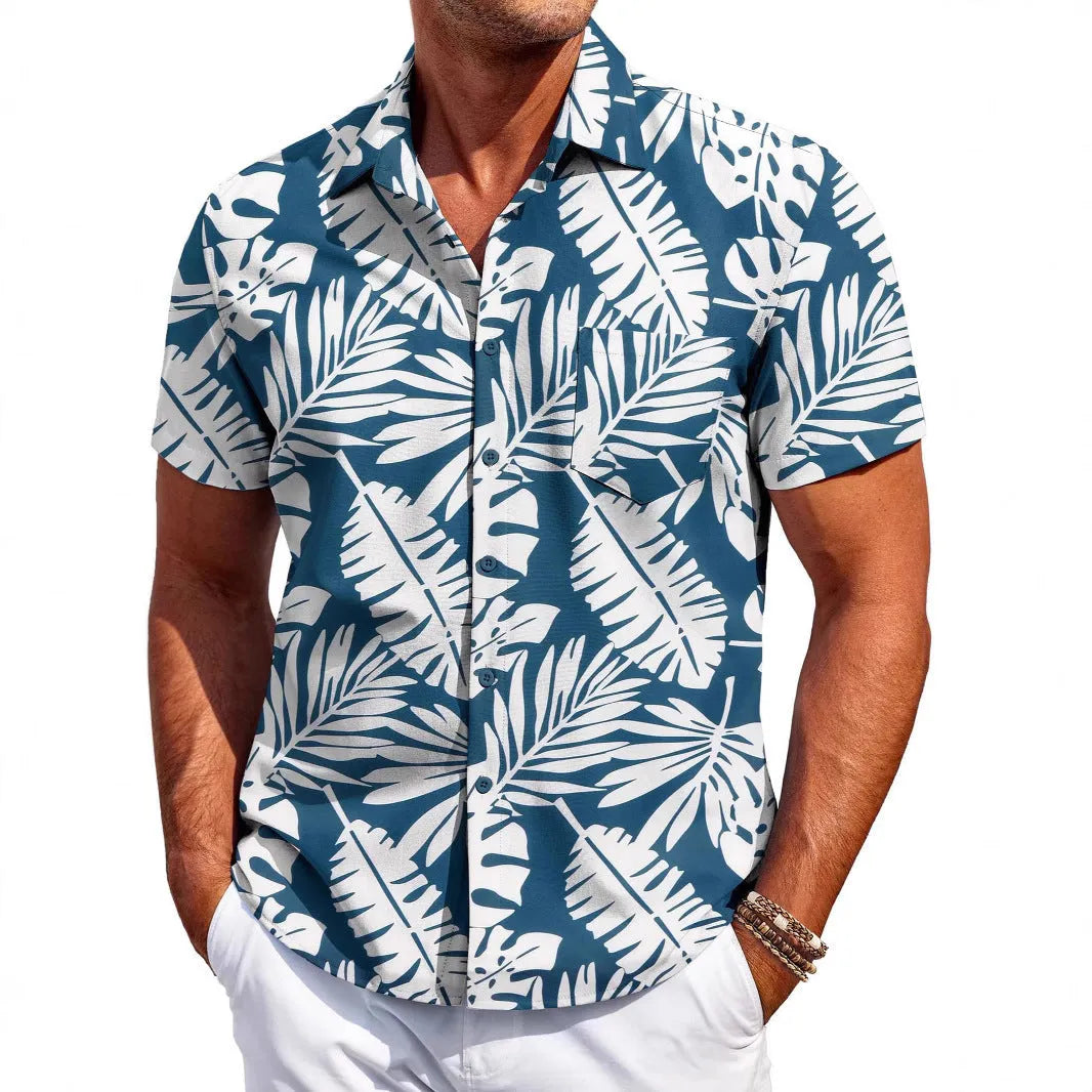 Man wearing a slim fit Hawaiian print short sleeve shirt in four-sided elastic polyester.