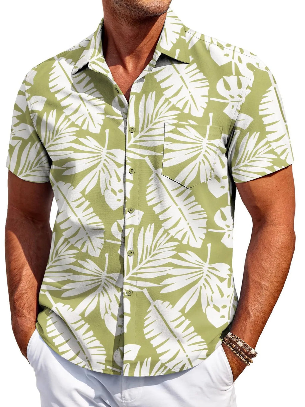 Man wearing a slim fit Hawaiian print short sleeve shirt in four-sided elastic polyester.