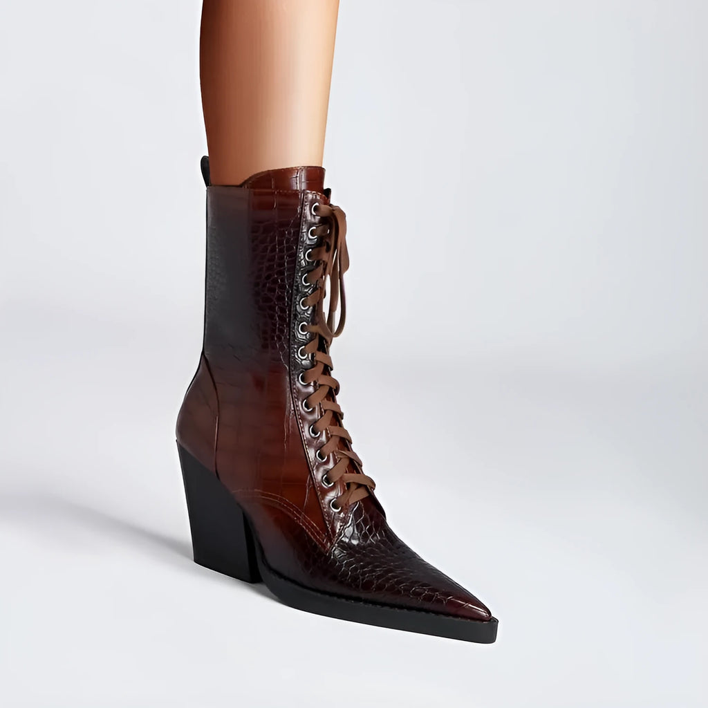 Retro pointed toe women's boots with chunky heel and side zip fastening in dark brown colour