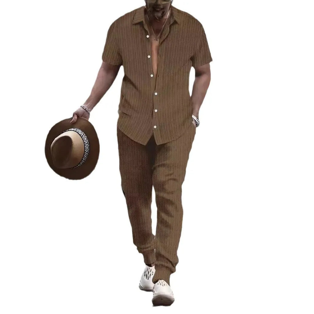 Men's casual loose fit short sleeve shirt and trousers beach suit set in cotton blend, multiple colours