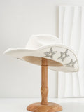 Beige woolen felt western denim top hat with a conical crown and a hexagonal star decoration on the front.
