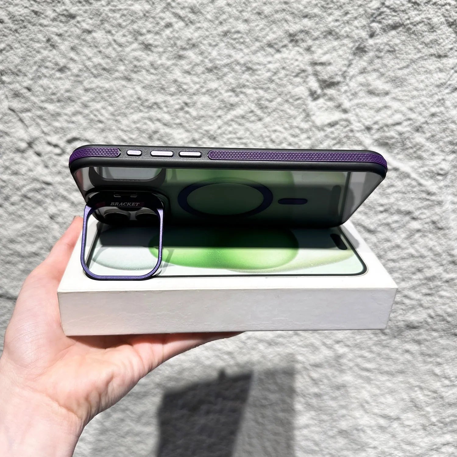 Non-slip transparent magnetic bracket phone case for iPhone showing hidden stand and anti-fingerprint finish