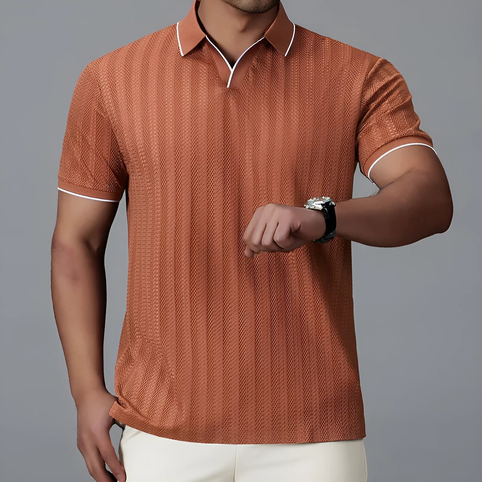 Men's light grey nylon polo shirt with short sleeves on hanger
