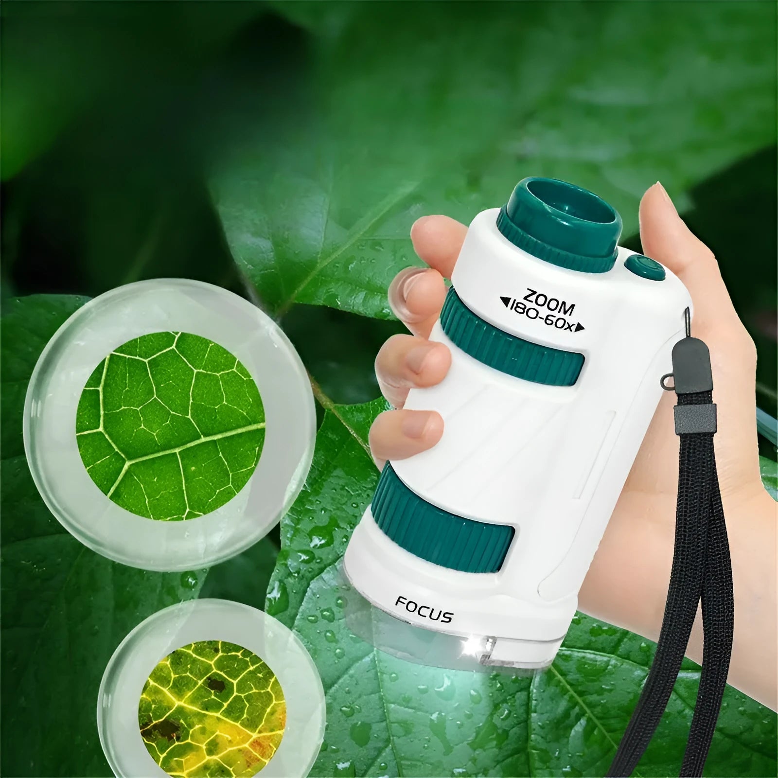 Portable white and green plastic microscope set with specimen slides for educational science exploration.