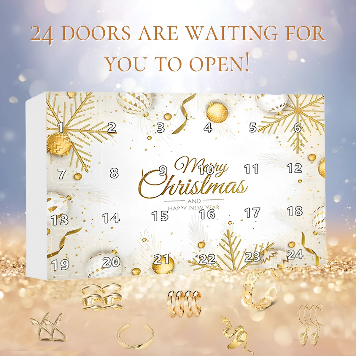 24-day Christmas countdown jewellery blind box in modern simple design, 27x19x3.5cm plastic lined colour printing corrugated box
