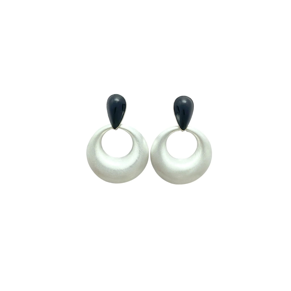 Retro geometric drop earrings with oil drop colour clash, copper, shown as ear clip or ear stud pair.