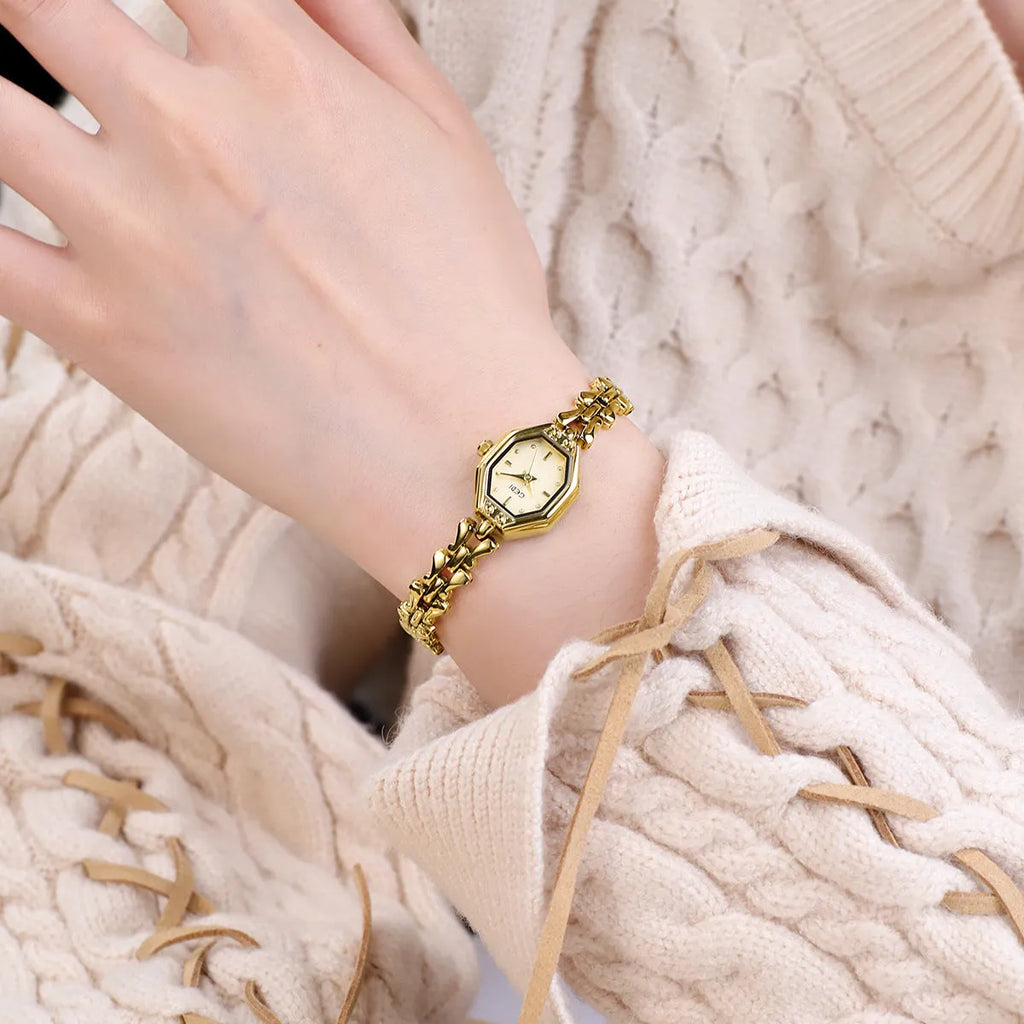 Luxury retro octagonal women's quartz watch in steel gold with 17.5mm dial, mineral glass, and alloy strap