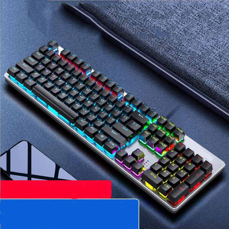 AOC GK410 wired mechanical keyboard with 104 keys and metal frame on a desktop.