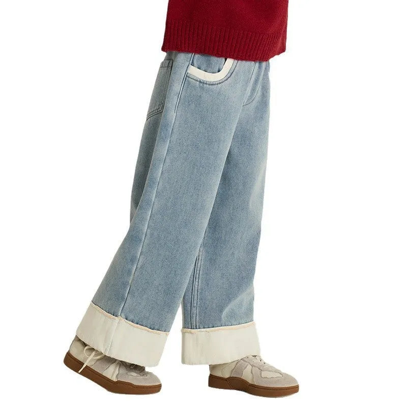 Boys and girls cotton casual straight blue jeans, suitable for heights 90cm to 160cm