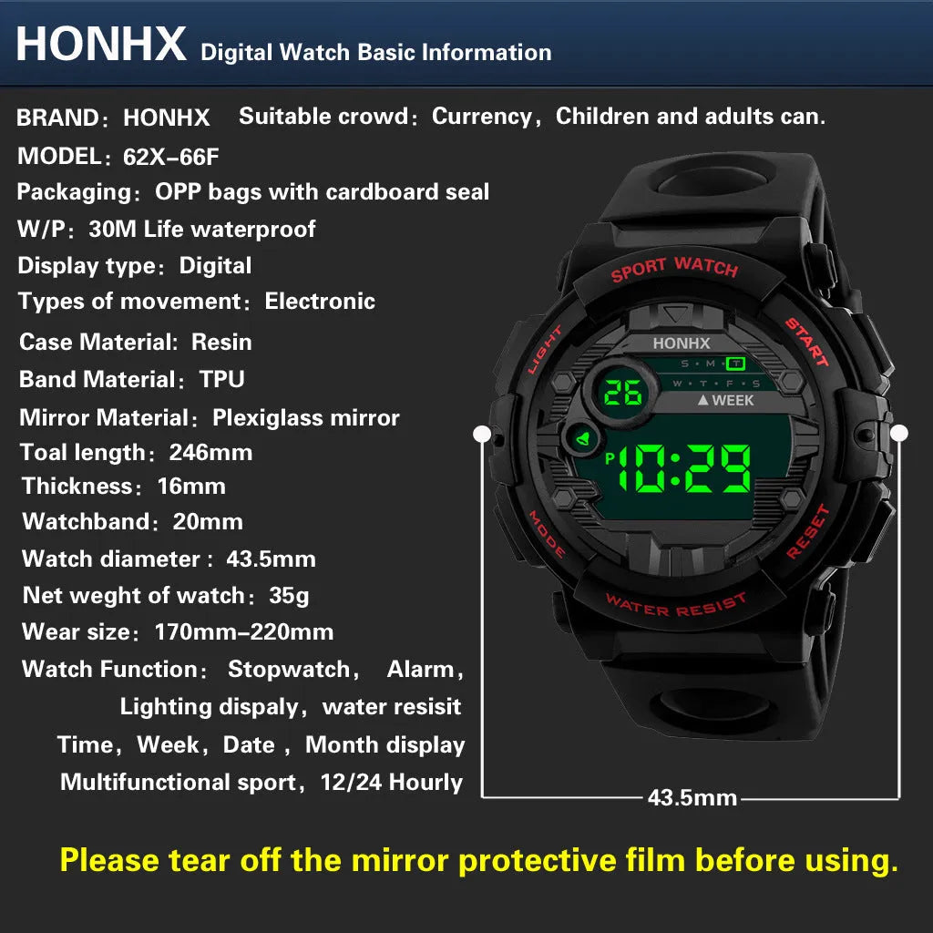 Digital watch with calendar alarm stopwatch LED display round resin case 43mm PU strap black blue red
