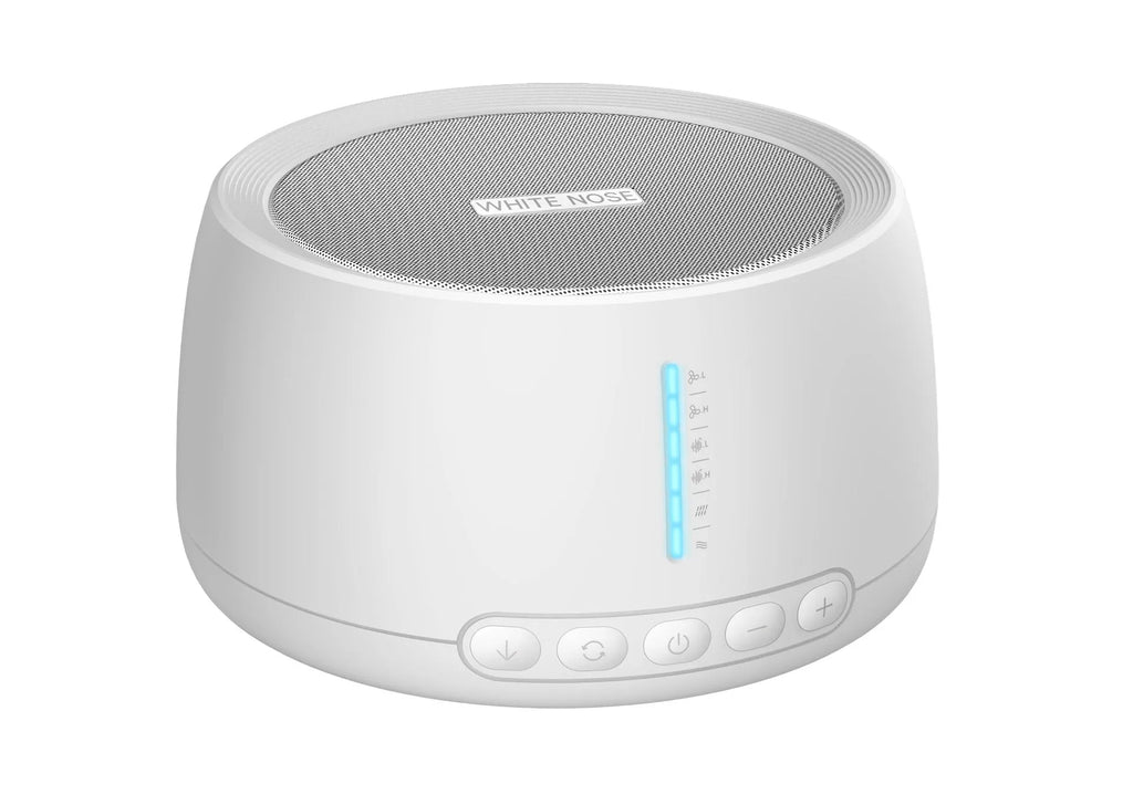 White noise sleep aid machine in white with compact 110mm dimensions on a bedside table