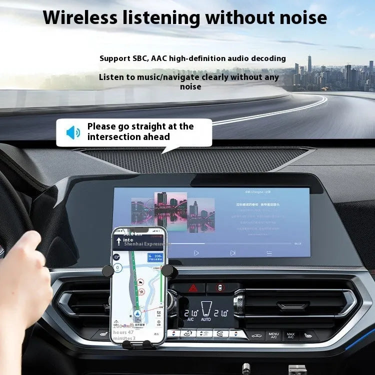 Black USB car Bluetooth receiver with USB-A connector and 3.5mm audio jack for wireless car audio conversion