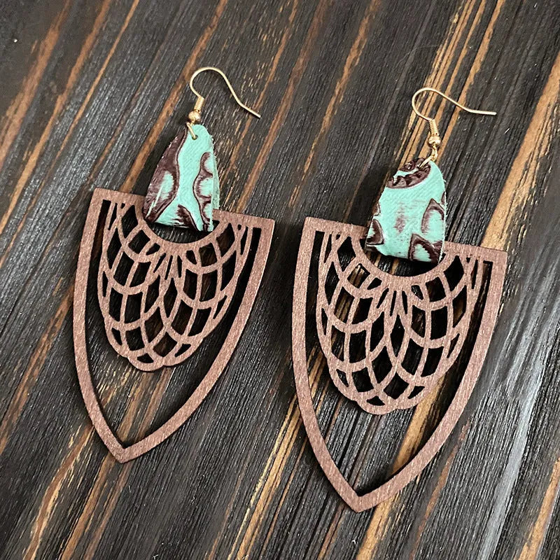 Set of six retro wooden hollow mandala exaggerated earrings with drop shape in geometry and round style