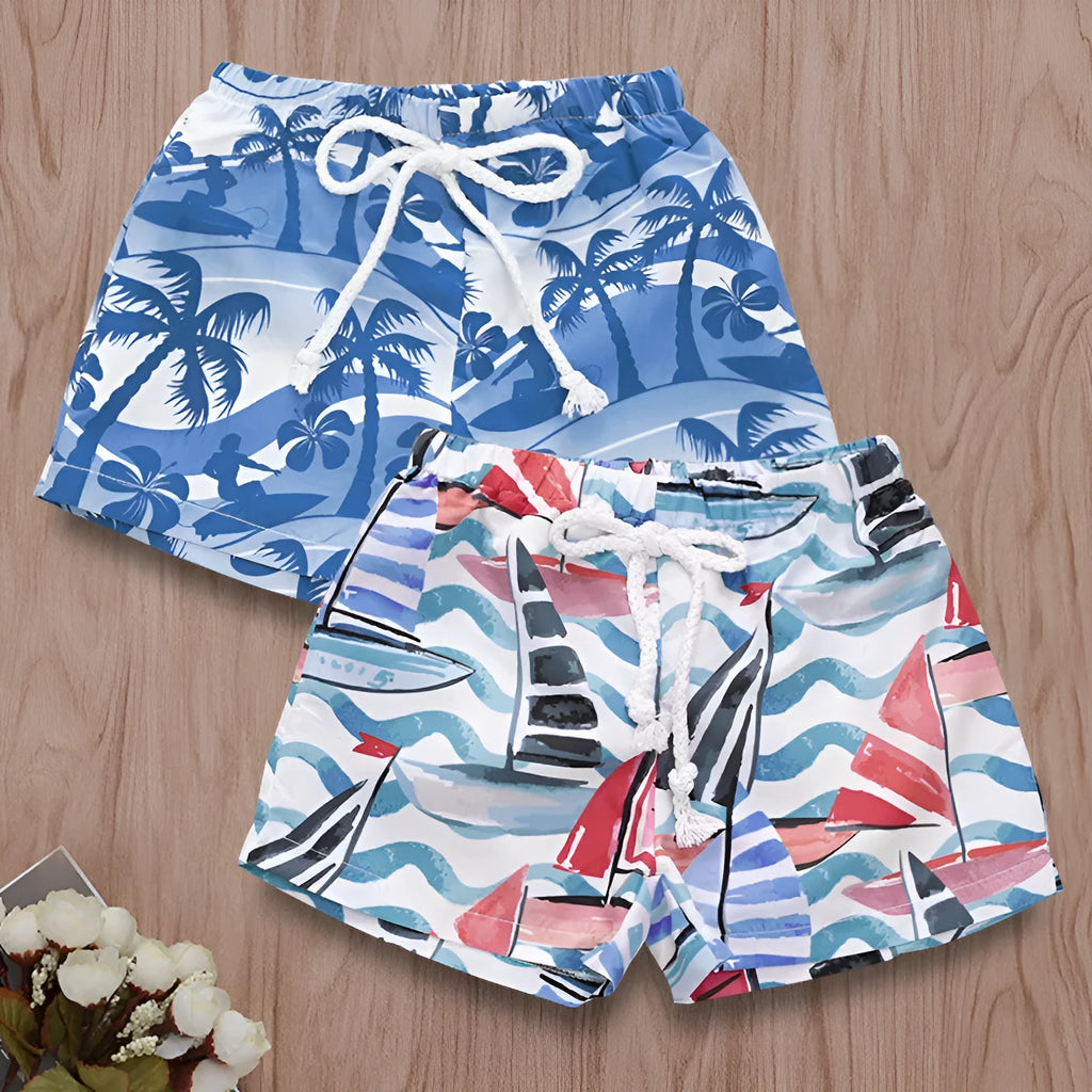 Men's casual beach print pants in blue with drawstring waist, 75% polyester blend
