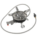 Silver portable split camping stove with extended copper hose on a 155x125mm stainless steel base.