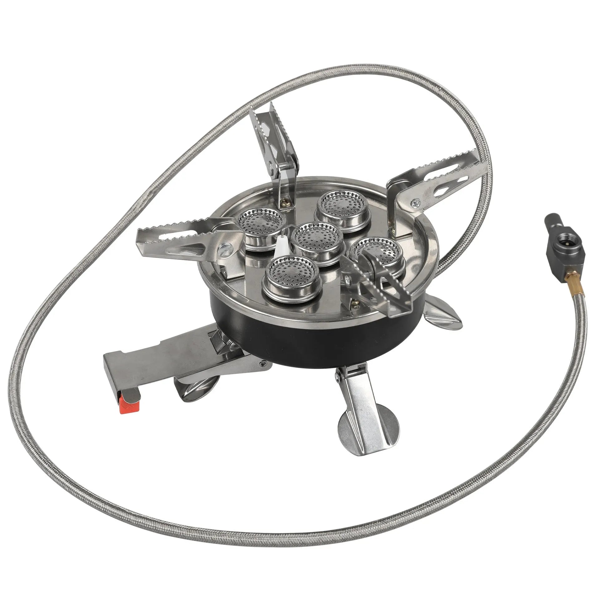 Silver portable split camping stove with extended copper hose on a 155x125mm stainless steel base.