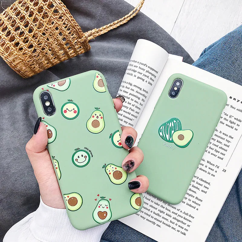 Green silicone TPU phone case with a colourful cartoon avocado design on the back, for Apple iPhone.