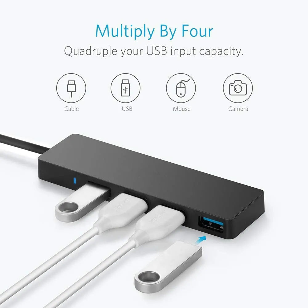 USB 3.0 hub with 4 ports, LED indicators, and 30cm connecting cable for laptop and desktop computers
