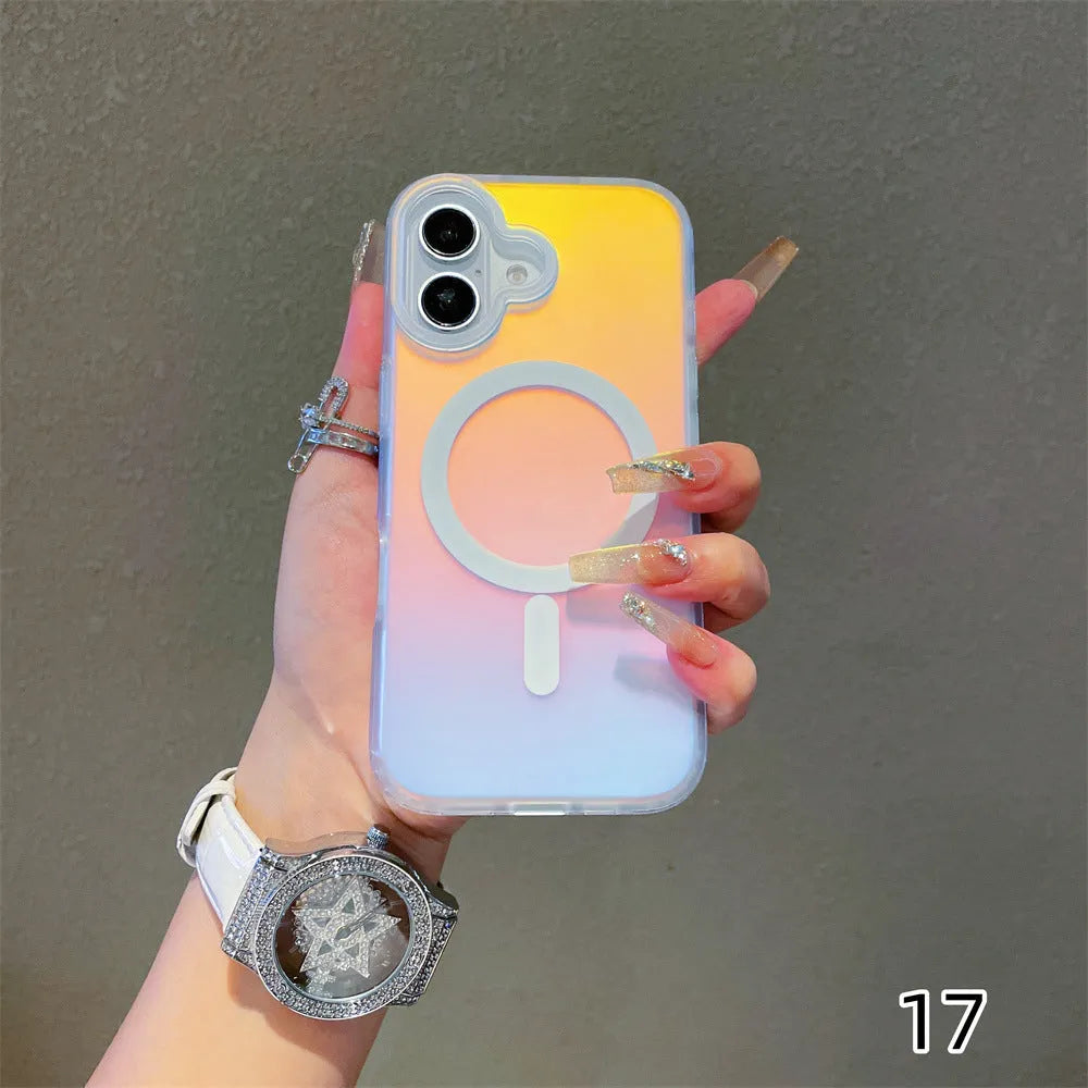 Laser gradient frosted magnetic phone case for iPhone 17 series on a dark background.