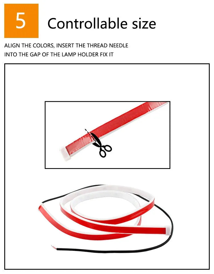 Red and white LED car door warning light strip with streamer effect on a car door edge