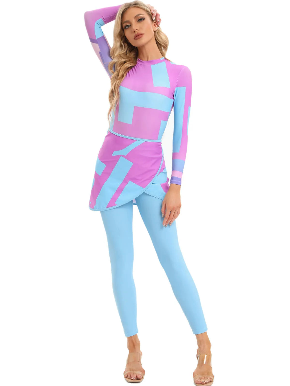 Conservative blue swimwear three-piece set with apron cover-up on hanger