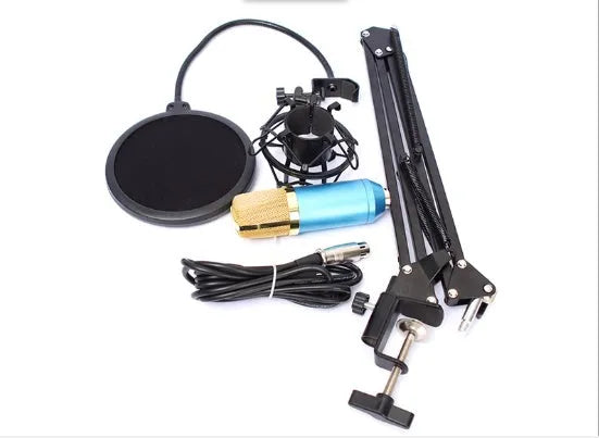 BM800 condenser microphone set with metal shock mount and spray net on cantilever bracket