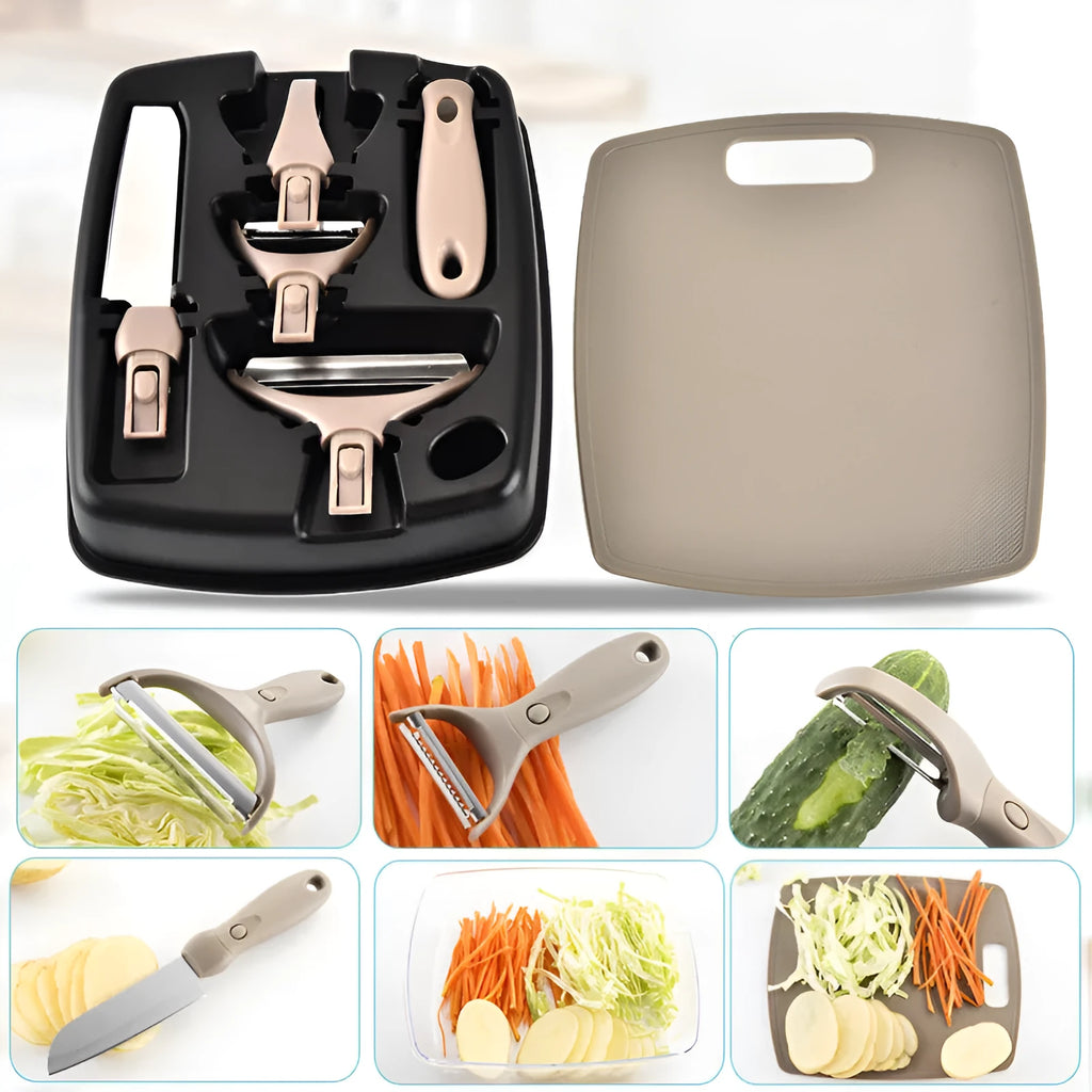 Three-piece stainless steel kitchen cutter set with wheat straw chopping board, fruit knife, and peeler