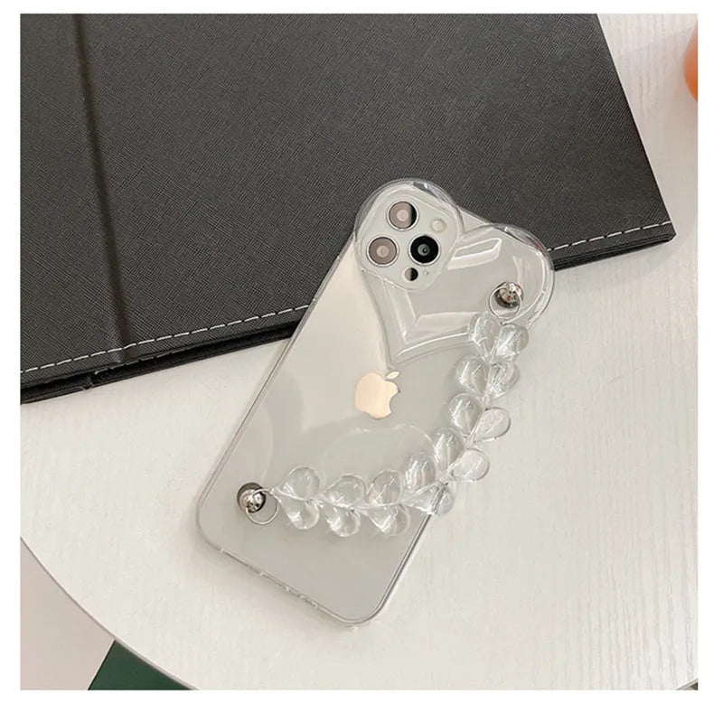Transparent iPhone case with love heart chain bracelet design on soft TPU material