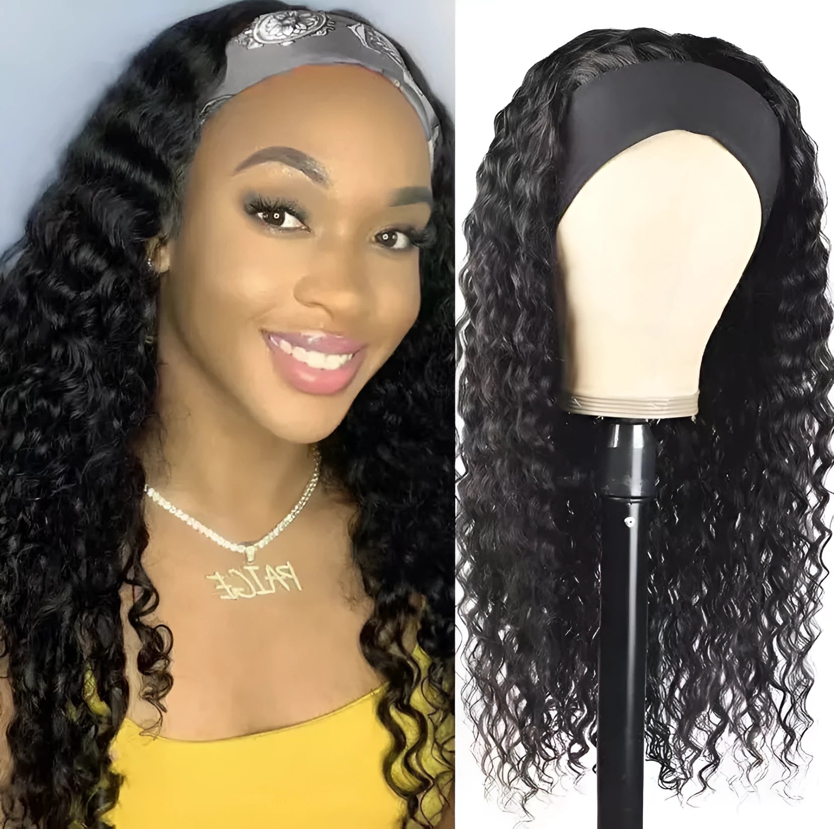 European American women's head scarf wig with ice silk headband, long curly high temperature wire hair, 14-28 inches