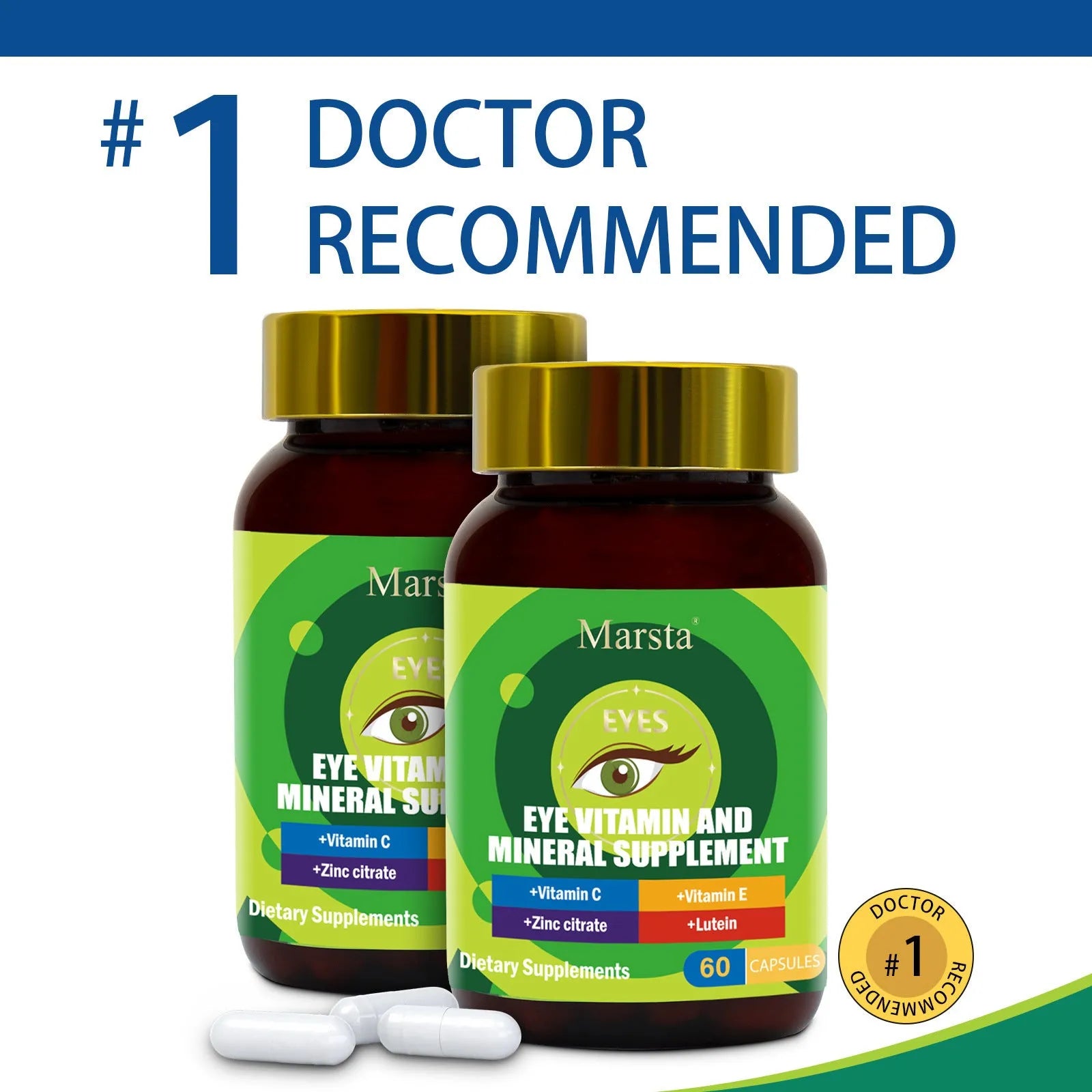 Eye Vitamin And Mineral Supplements 750mg 60 tablets in a white bottle with green label