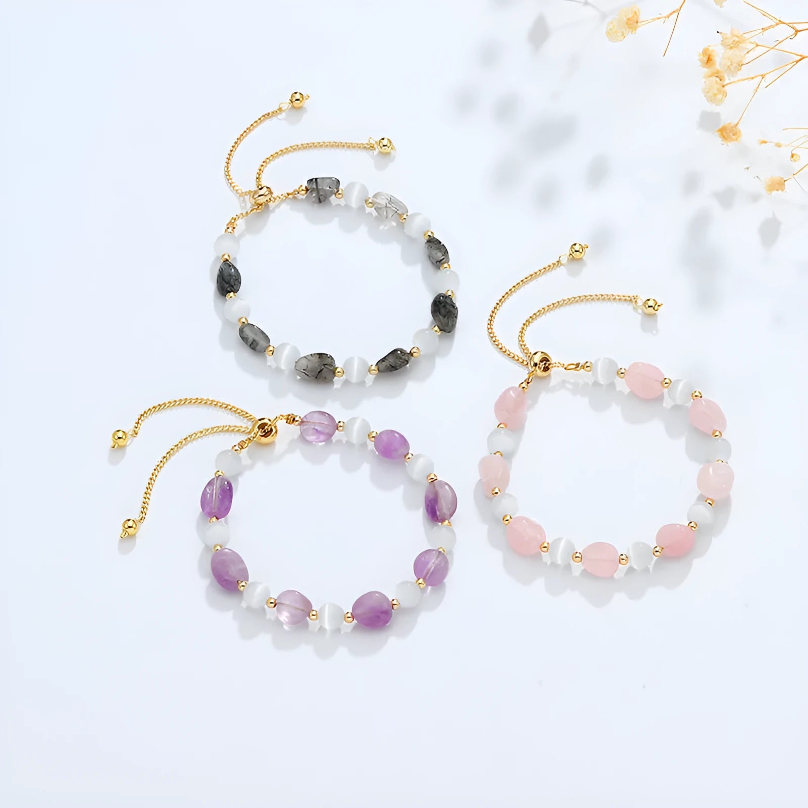 Women's polished crystal and opal natural stone bracelet in amethyst colour