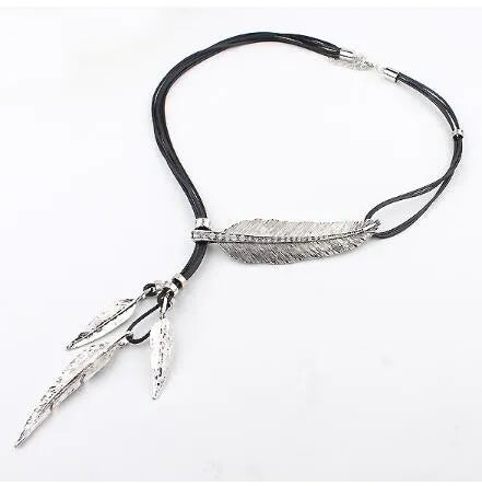 Black leather rope multilayer feather leaf tassel pendant necklace in ancient silver and black on horse whip chain