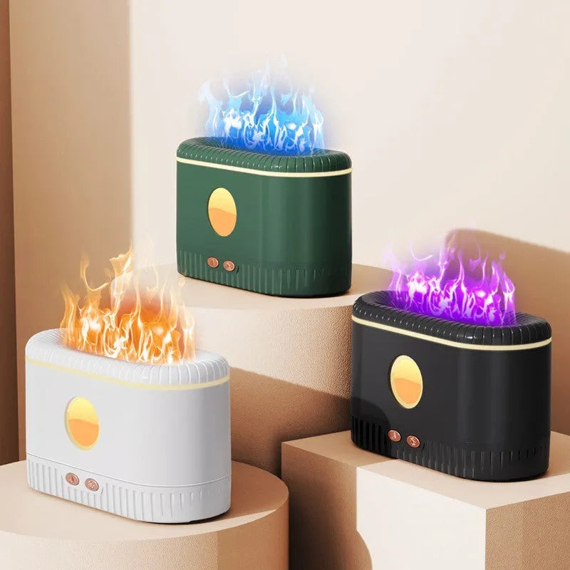 White desktop simulated flame atmosphere humidifier with square design and single mist outlet on a wooden table