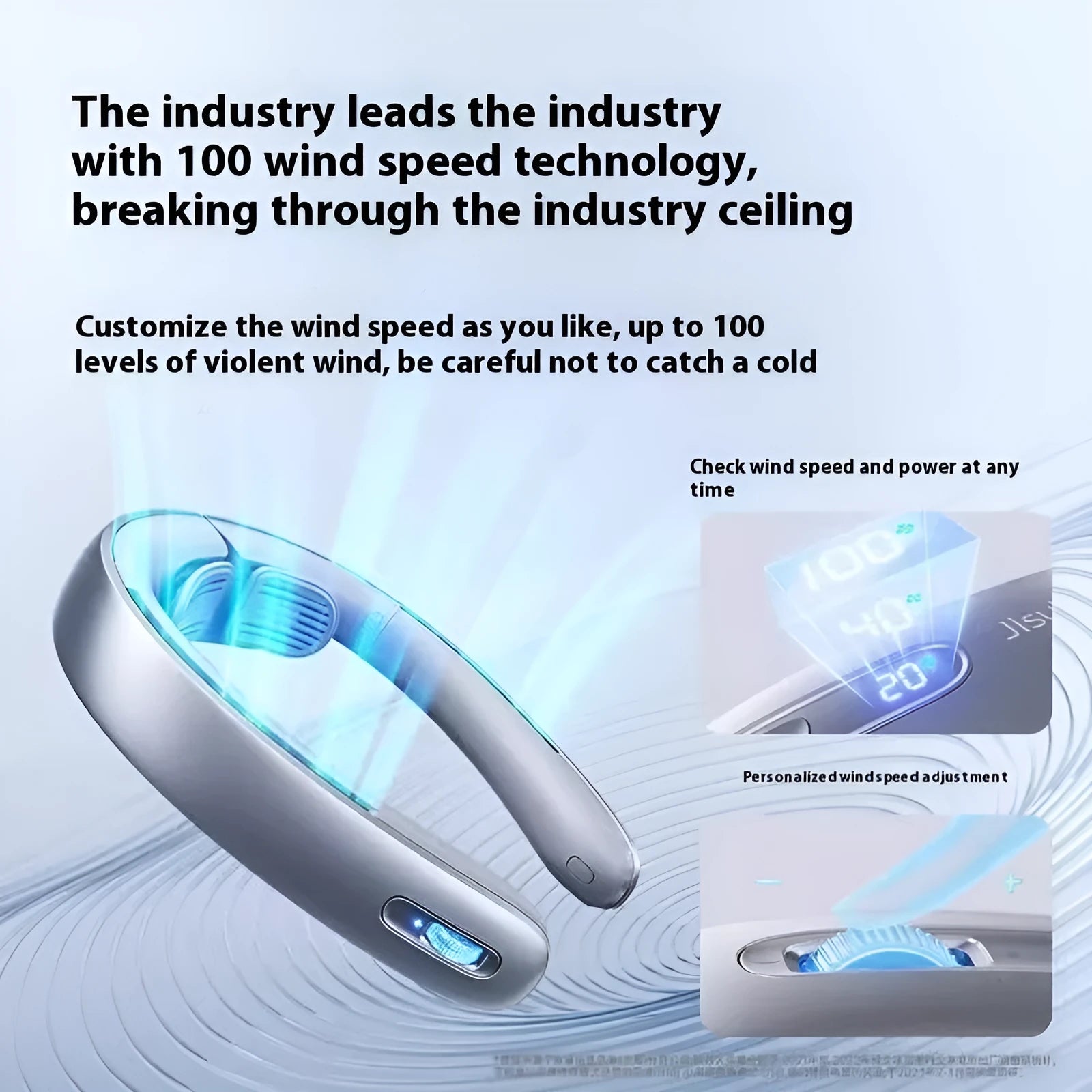 Silver grey hanging neck portable bladeless fan showing wearable design and USB charging port