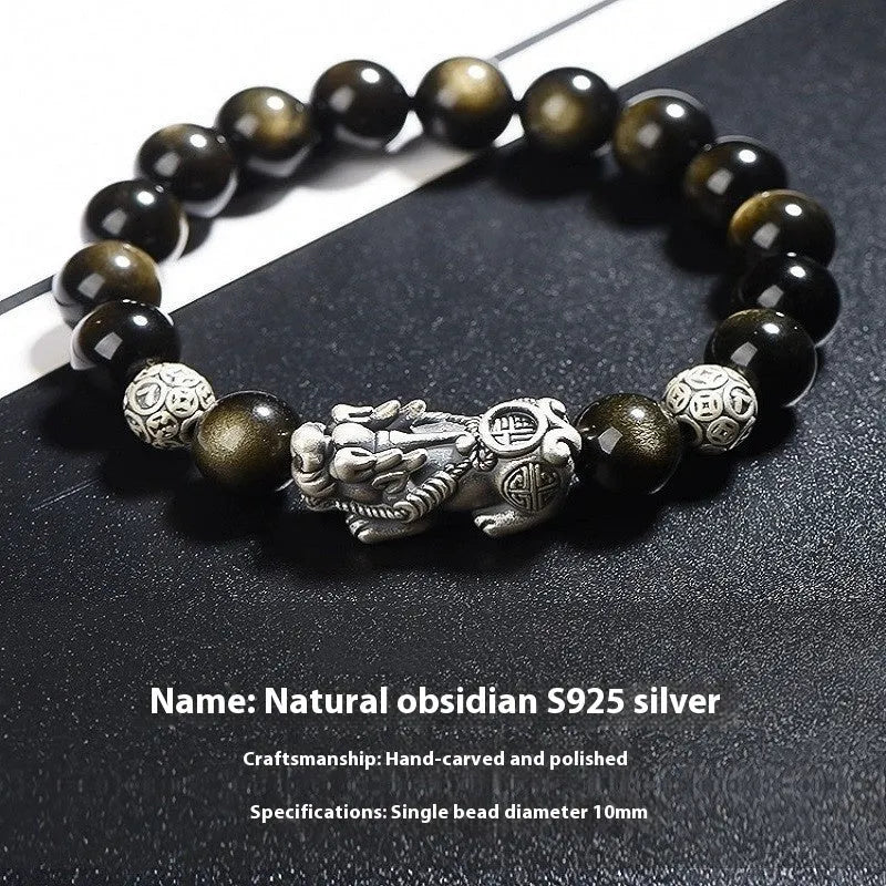 Men's geometric bracelet made of genuine black obsidian stone and polished 999 sterling silver components.