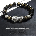 Men's geometric bracelet made of genuine black obsidian stone and polished 999 sterling silver components.