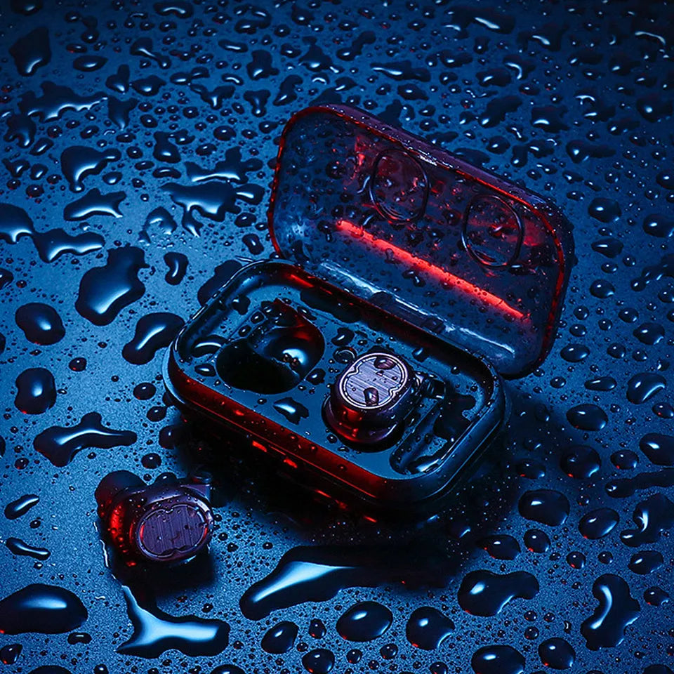 Touch control Bluetooth wireless headset with earbuds in black, white, red, or blue colours